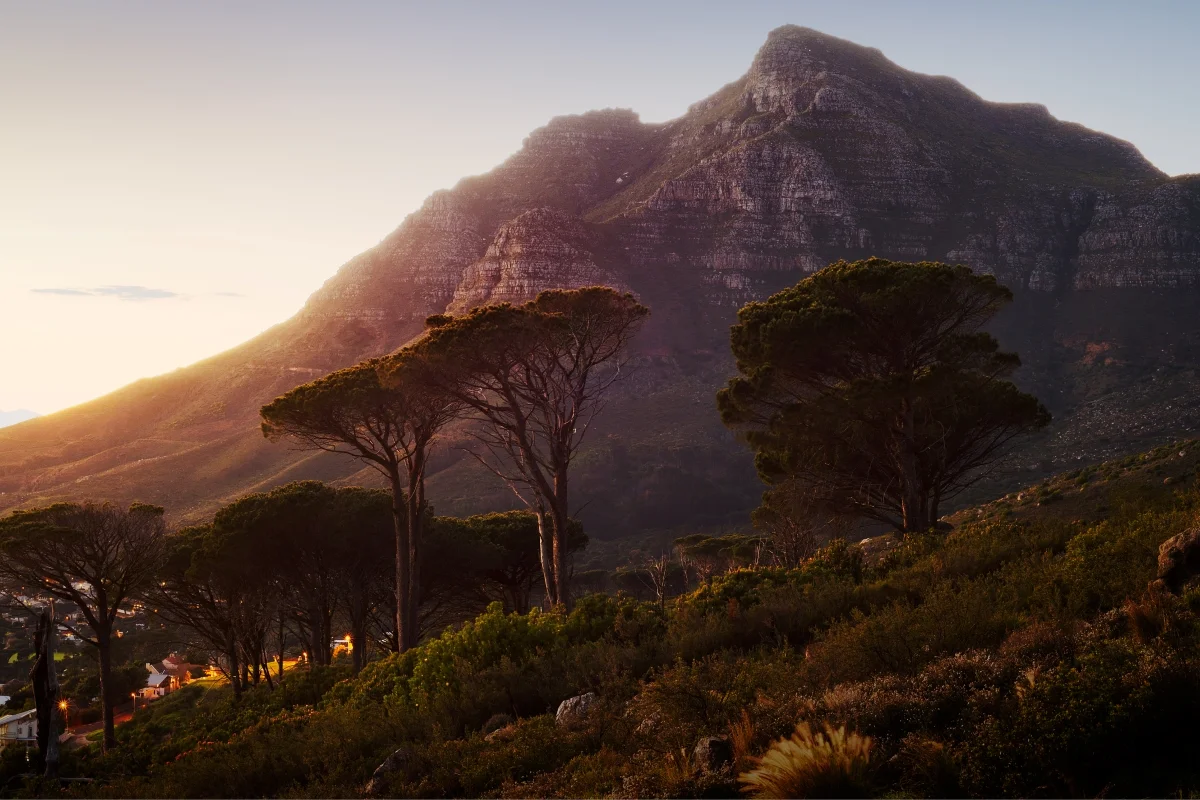 The iconic Table Mountain silhouetted against a vibrant sunset sky, with the city lights reflecting on the ocean