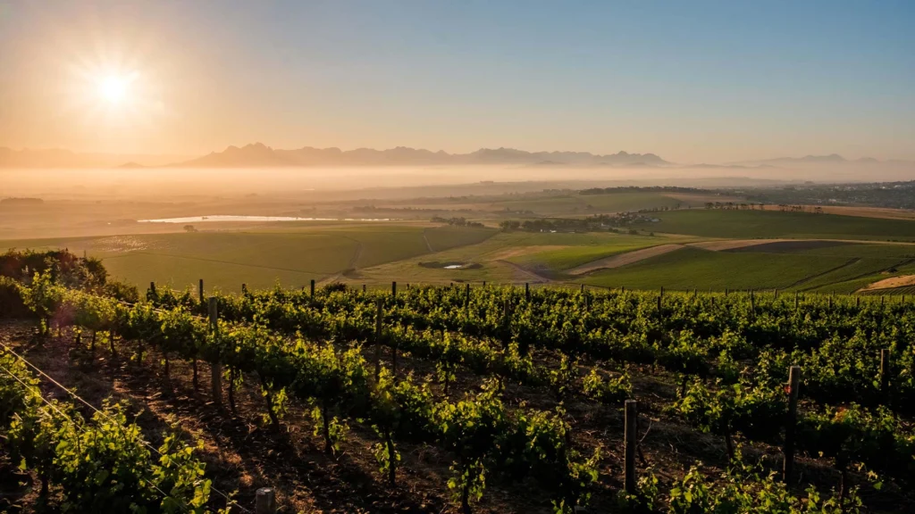 A serene view from Diemersdal Wine Farm showcasing vineyards, lush farmland, and distant mountain ranges