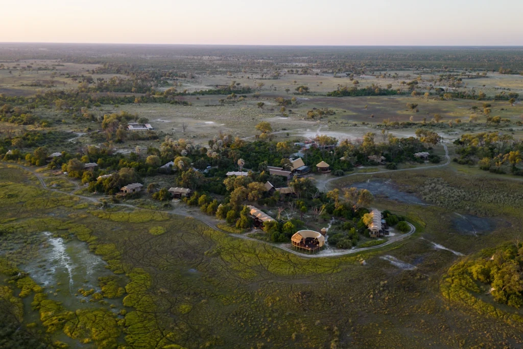 Aerial view of Atzaró Okavango surrounded by untouched wilderness in the heart of the Okavango Delta.