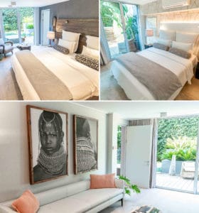 A collage of the Luxury Family Suite at Atzaró Cape Town featuring the Mopane and Tamboti bedrooms, a private shared lounge with African art, and sliding doors opening to garden terraces.