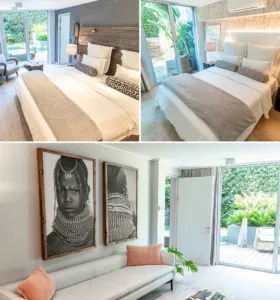 A collage of the Luxury Family Suite at Atzaró Cape Town featuring the Mopane and Tamboti bedrooms, a private shared lounge with African art, and sliding doors opening to garden terraces.
