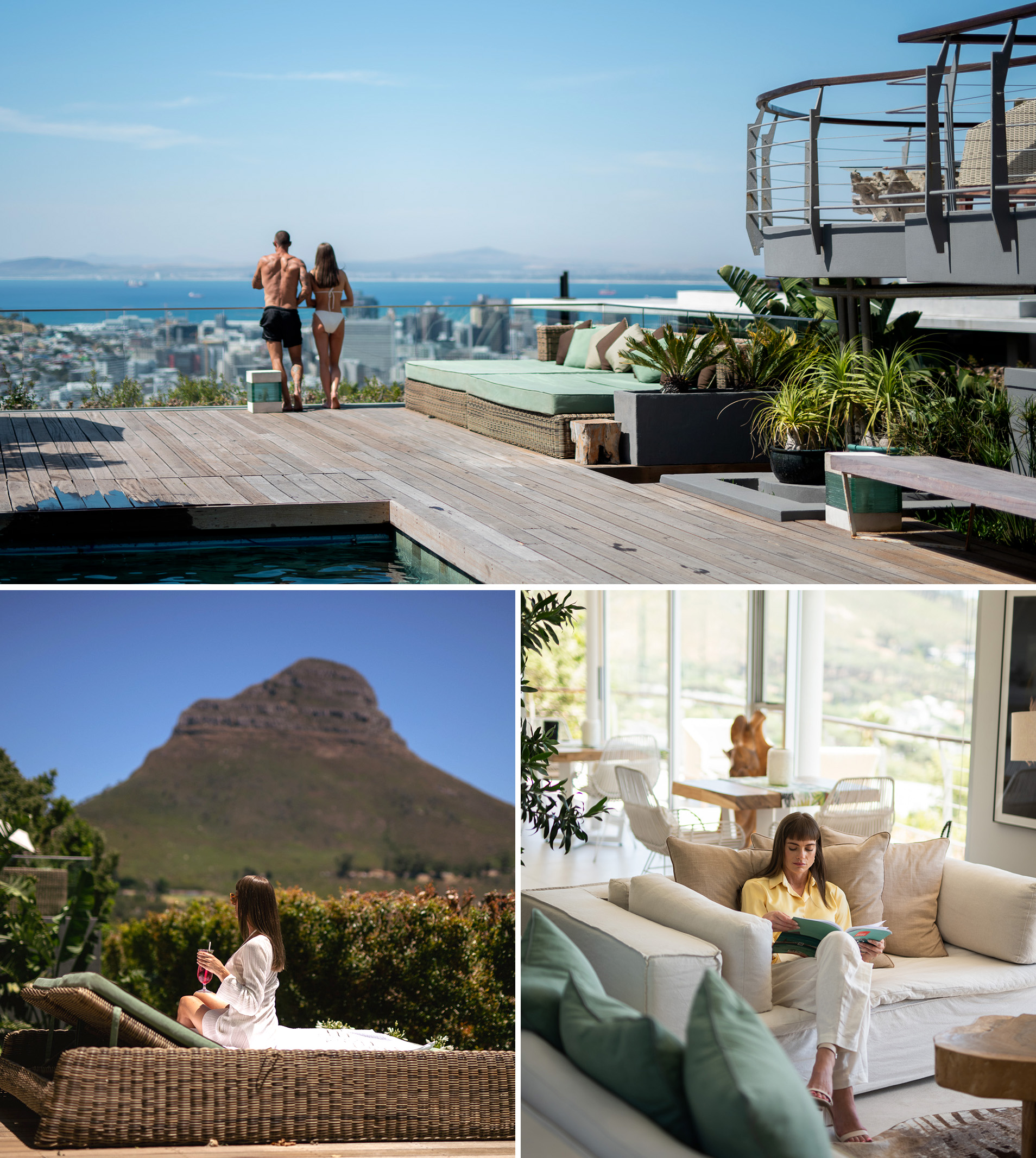 Collage showing lagoon-style pool, terrace with cocktail and Lions Head view, and indoor relaxation with mountain and city views at Atzaró Cape Town.