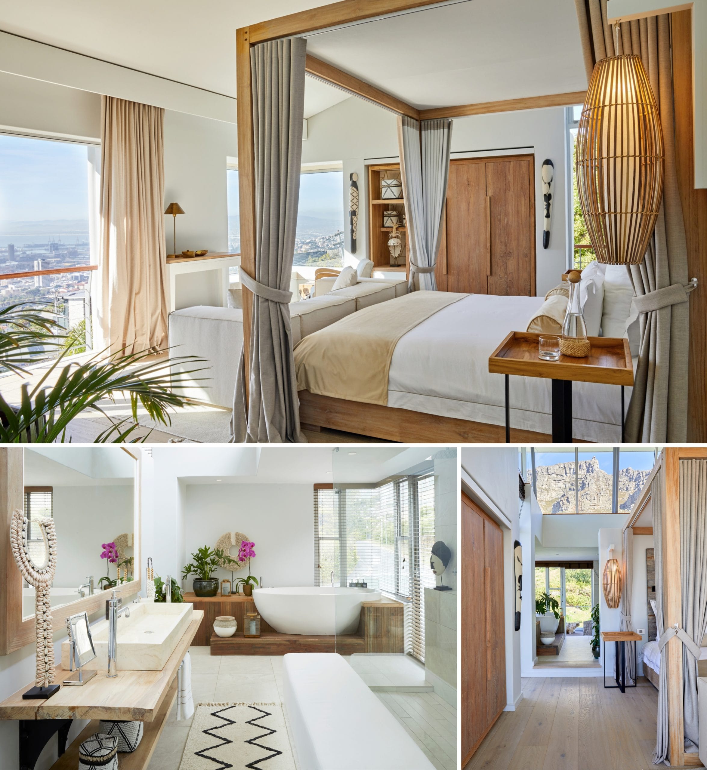 Madiba Deluxe Suite bedroom and bathroom with freestanding tub at Atzaró Cape Town luxury boutique hotel.