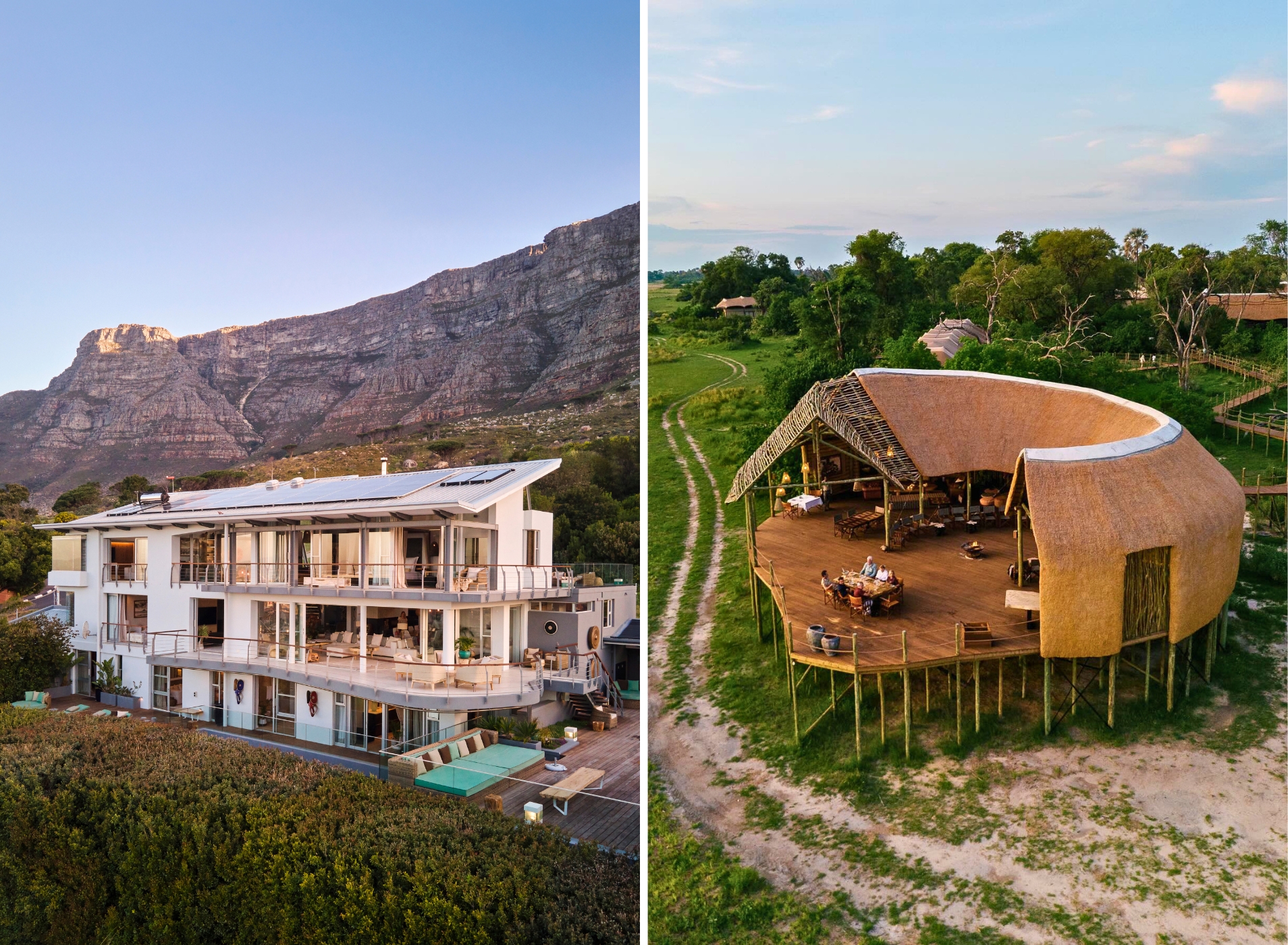 alt text shorter A split-view image showing the modern Atzaró Cape Town hotel with mountain views and the open-air Atzaró Okavango safari camp.