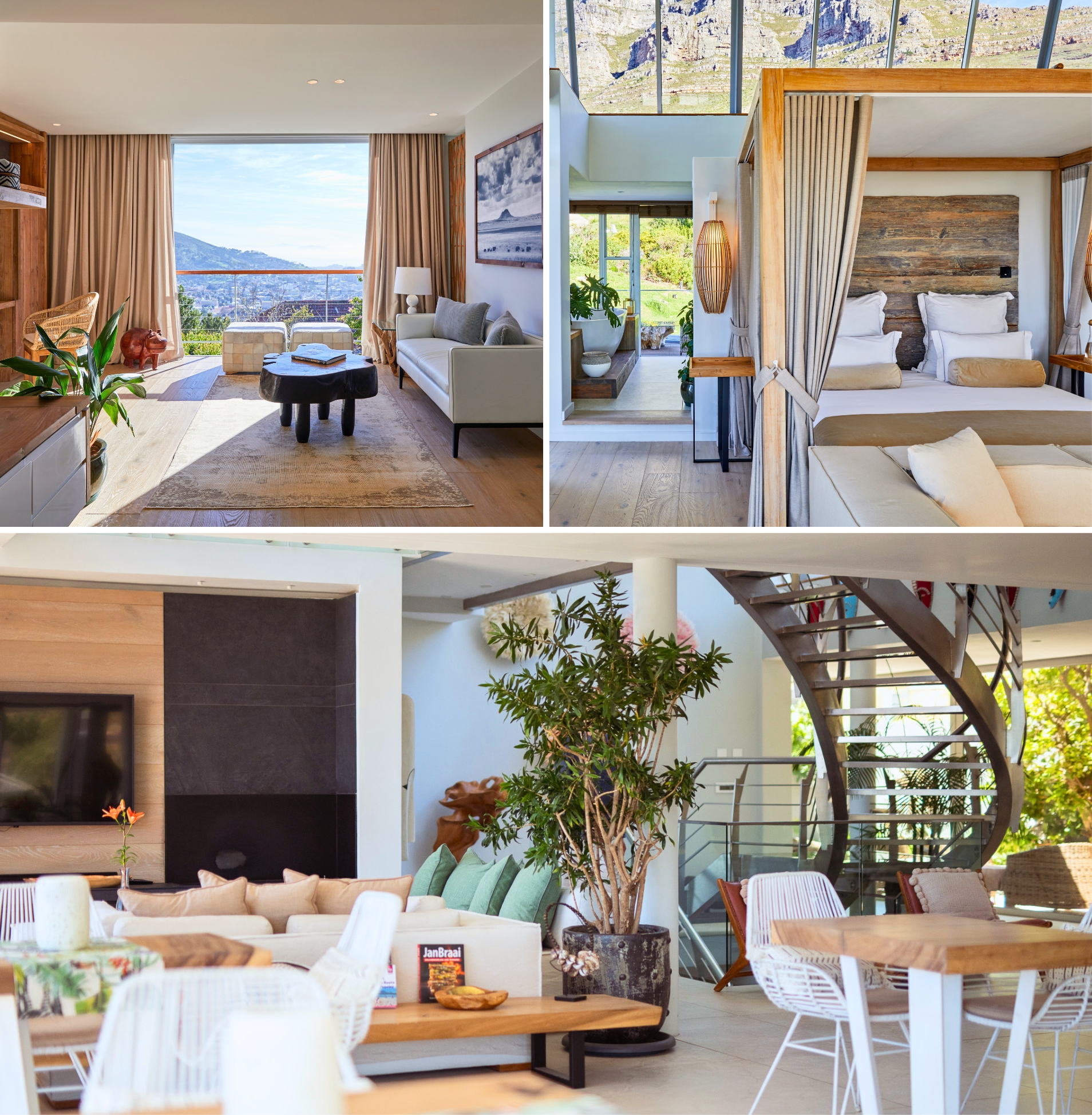Interior collage of the Atzaró Cape Town boutique hotel, featuring a sunny lounge with mountain views, an elegant canopy bed suite, and a modern open-plan living space with a spiral staircase.