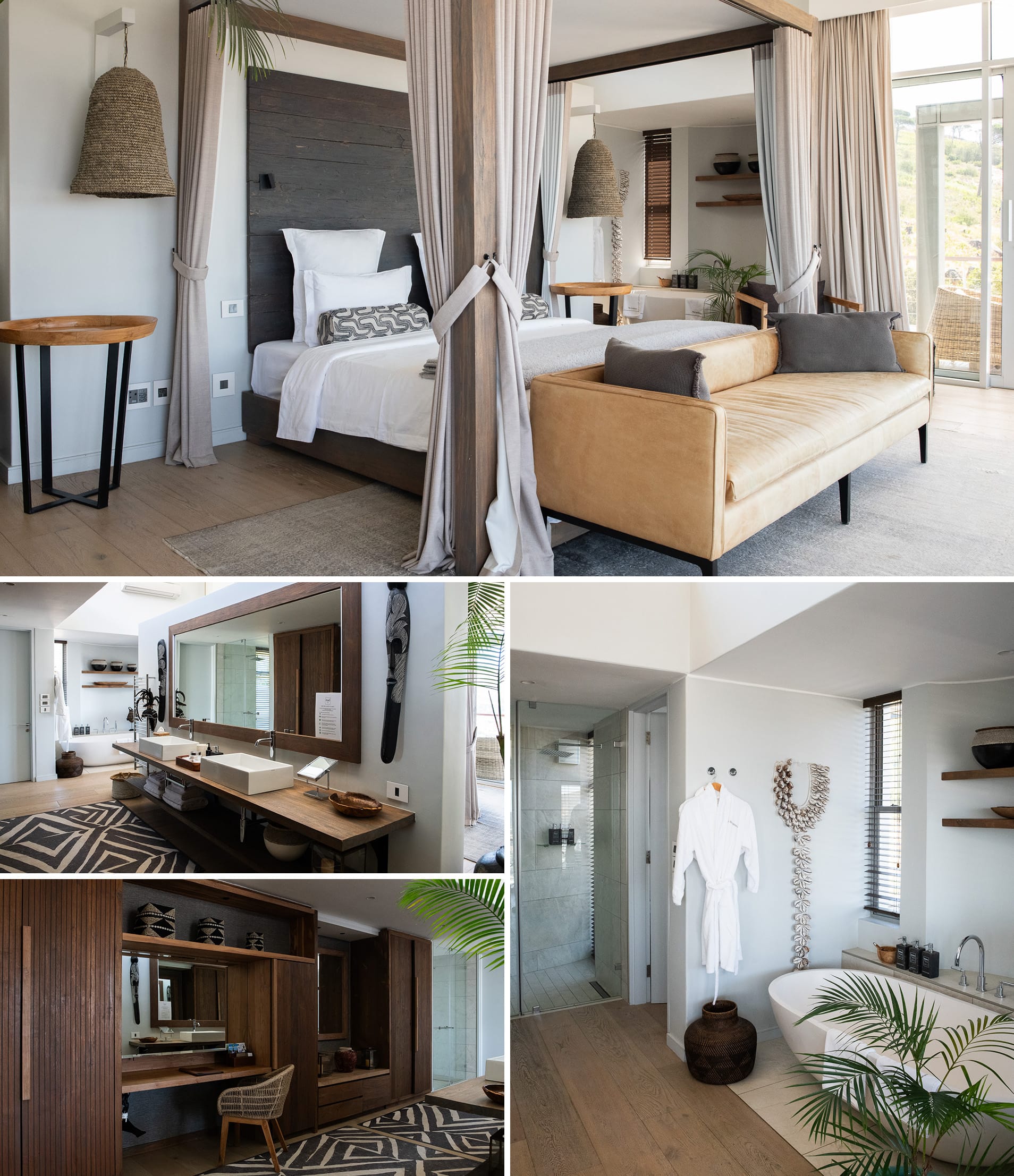 Collage showing the interior of the Lion's Head Suite at Atzaró Cape Town, featuring a four-poster bed, a luxury bathroom with a freestanding tub, and elegant African-inspired decor.