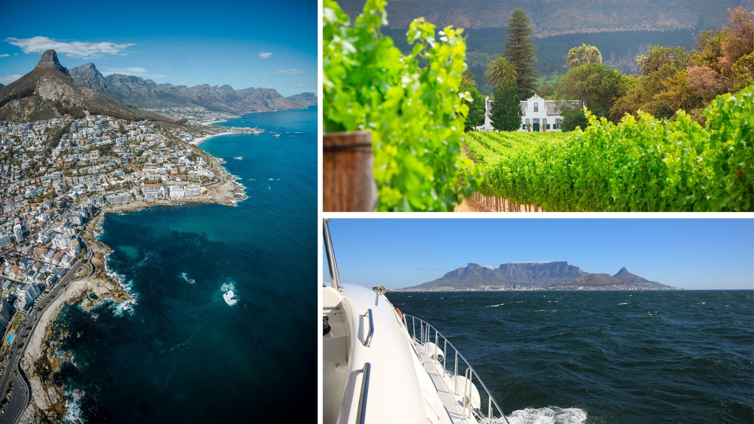 Coast, beaches, Table Mountain, vineyards, and a luxury cruise in Cape Town, South Africa.