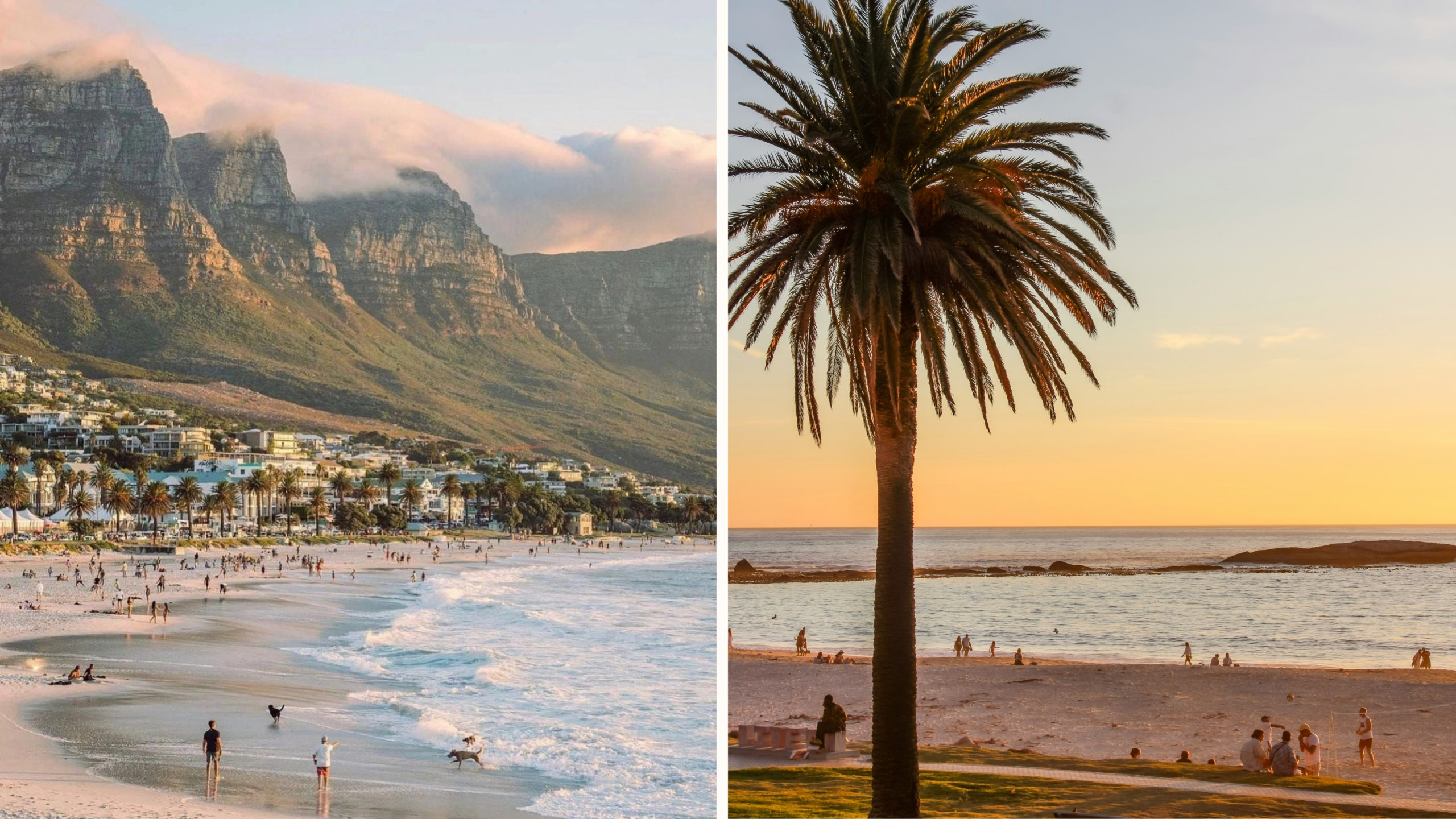People walking on Camps Bay Beach at sunset as the Twelve Apostles glow above the Atlantic